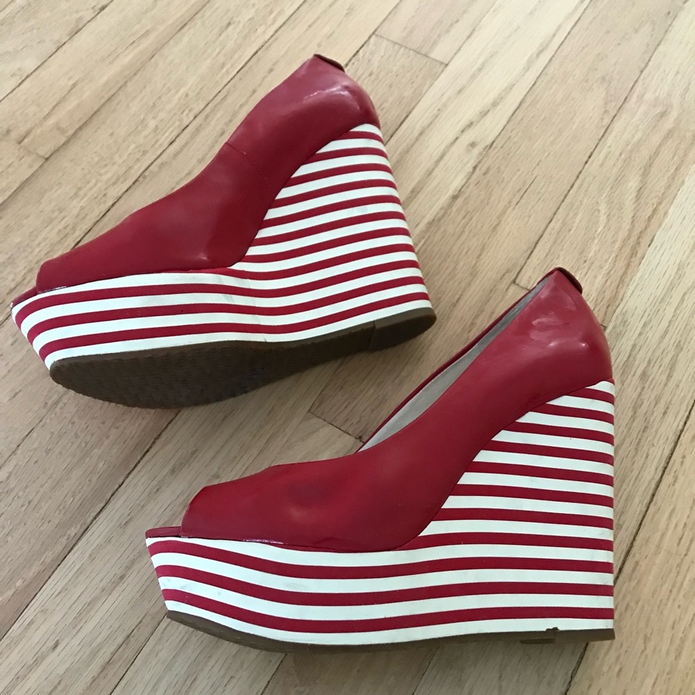 Michael Kors | red and white striped wedge | open toed